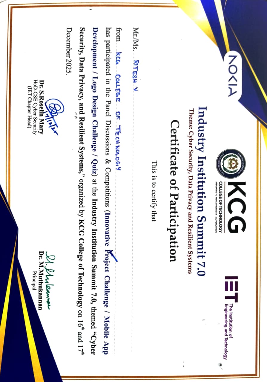 IET Project Summit certificate